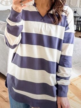 Navy and Cream Oversized Striped V-Neck Pullover